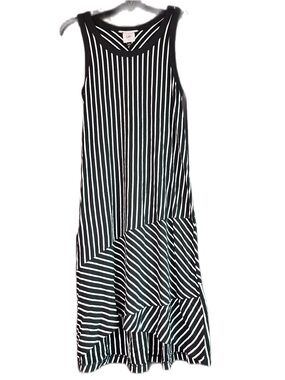 Cabi ATC Wink Dress Black White Multi Stripe Asymmetrical Midi Dress Size XS